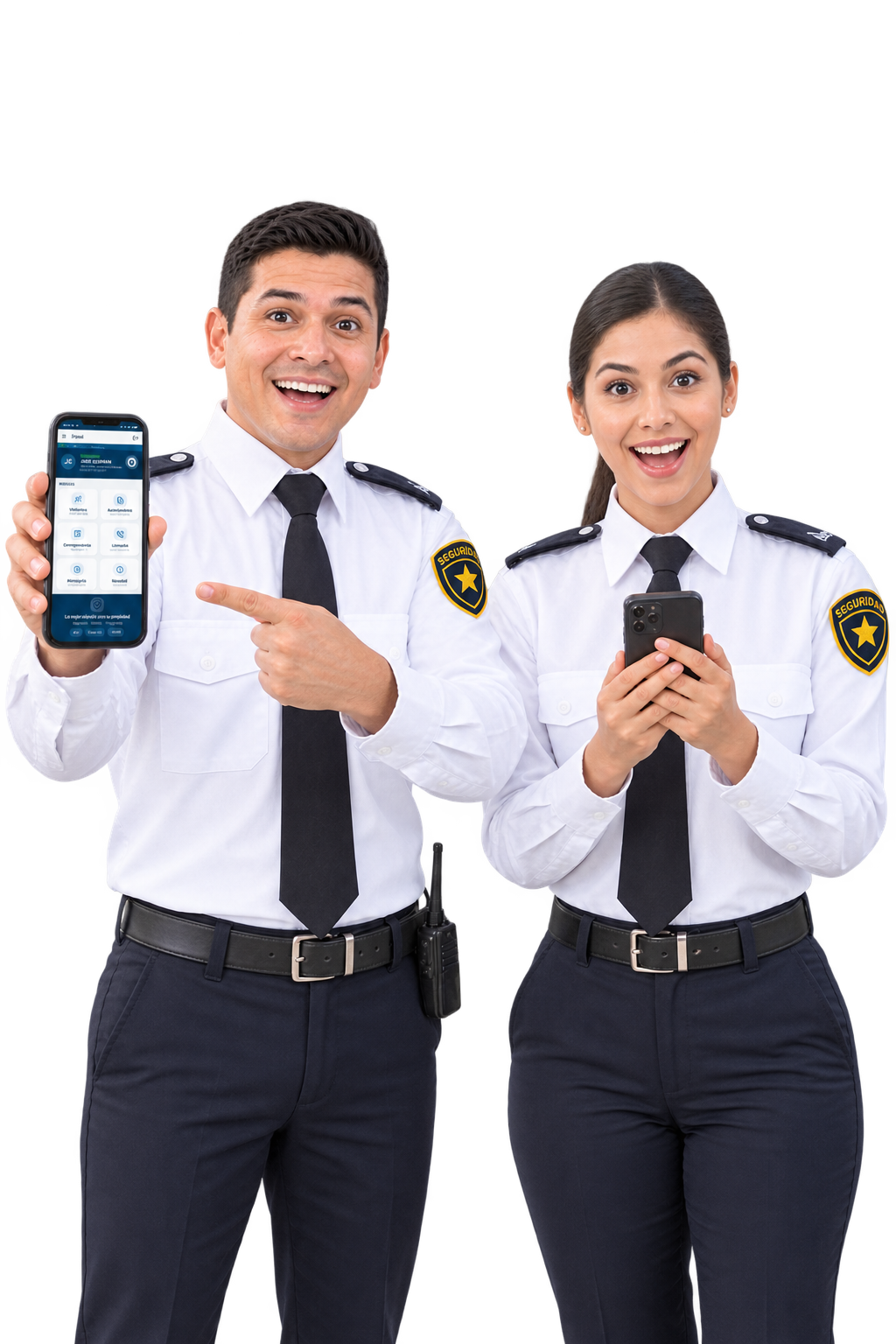 Vigilante de seguridad mostrando la app Citofonía en su celular